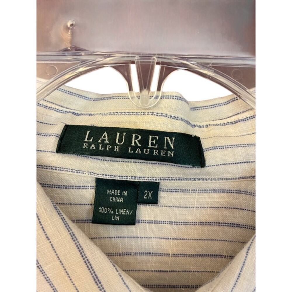 LAUREN Ralph Lauren Off White Blue Stripe 100% Linen Button Up Blouse Size 2X - Picture 2 of 8